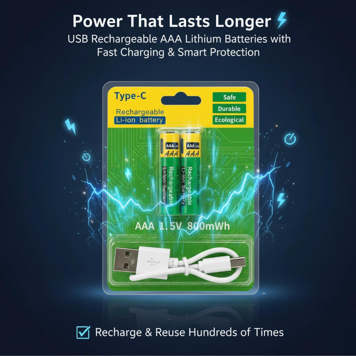 2 Pcs Type C Rechargeable Batteries