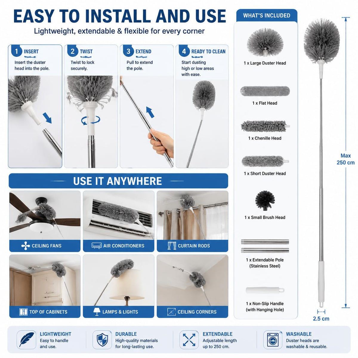 3 in 1 Fan Cleaner Duster with 159cm