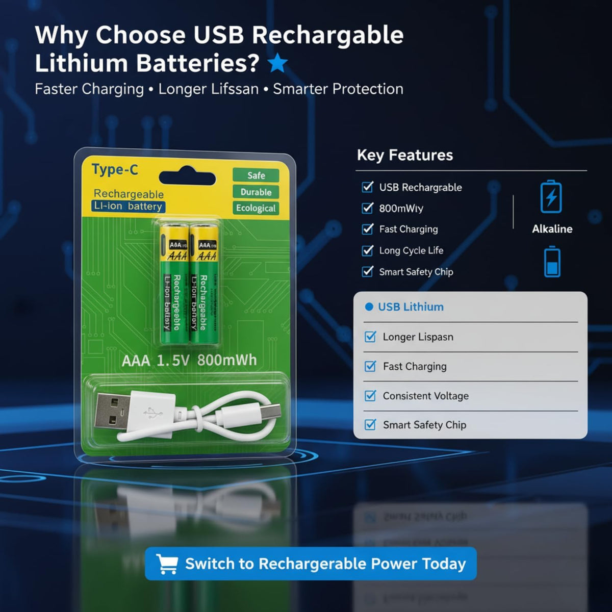 2 Pcs Type C Rechargeable Batteries