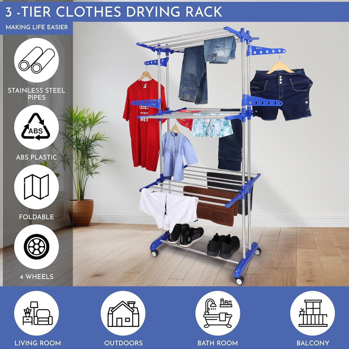 3 Stage Clothes Stand for Drying with Wheels